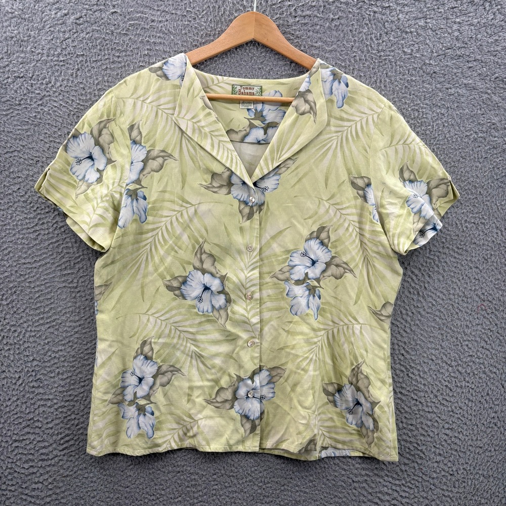 Tommy Bahama Shirt Women XL Green Floral Silk Linen Tropical Short Sleeve